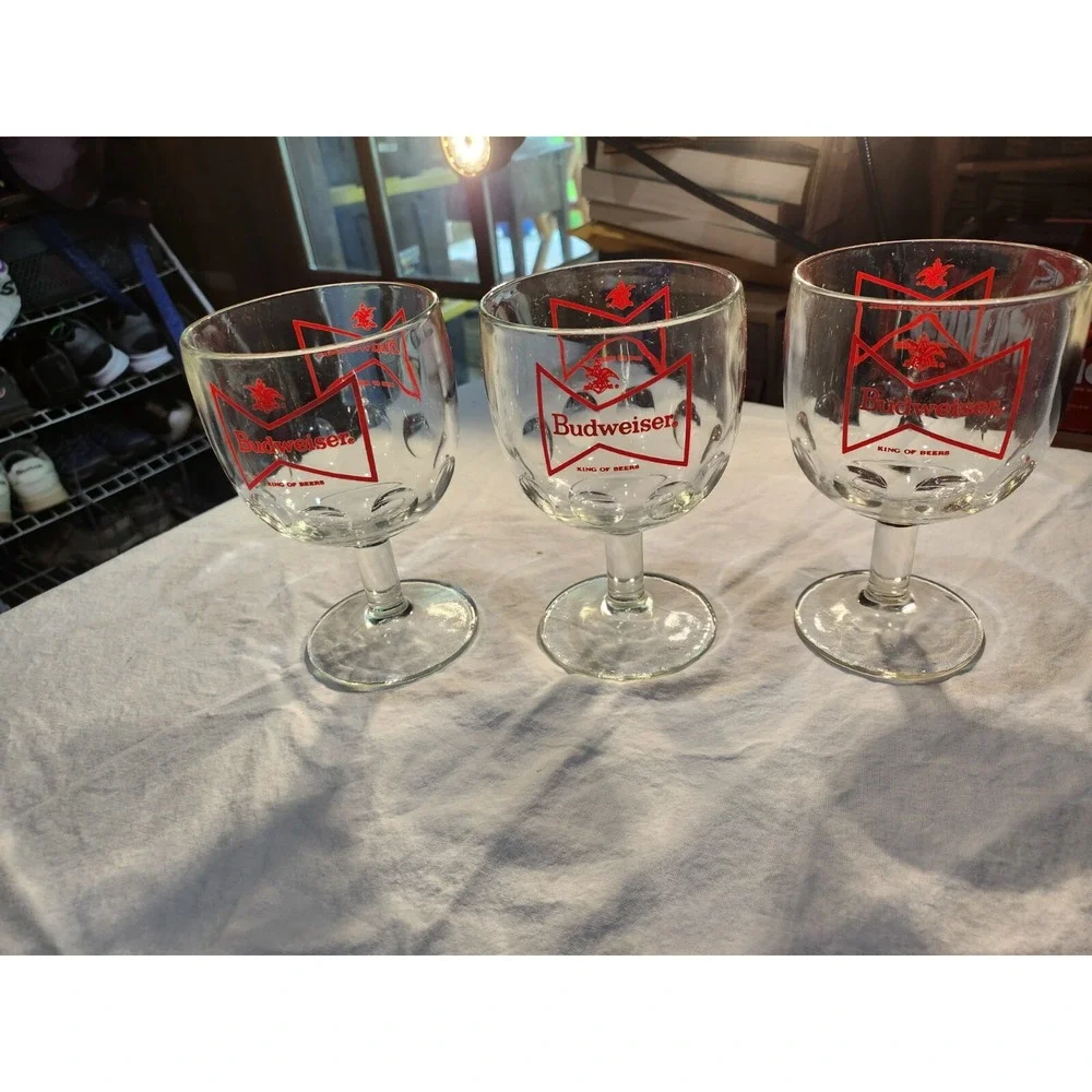 (3) Vintage Budweiser King Of Beers Bowtie Thumbprint Goblet 5.5 Inch Short Stem